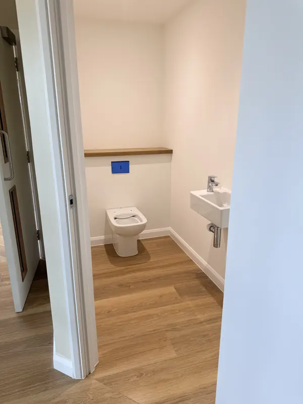 Clean new washroom with a wooden-effect floor